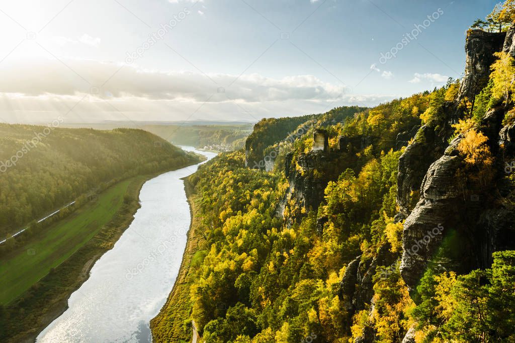Elbe river from Bastei bridge and Sandstone mountains, Germany