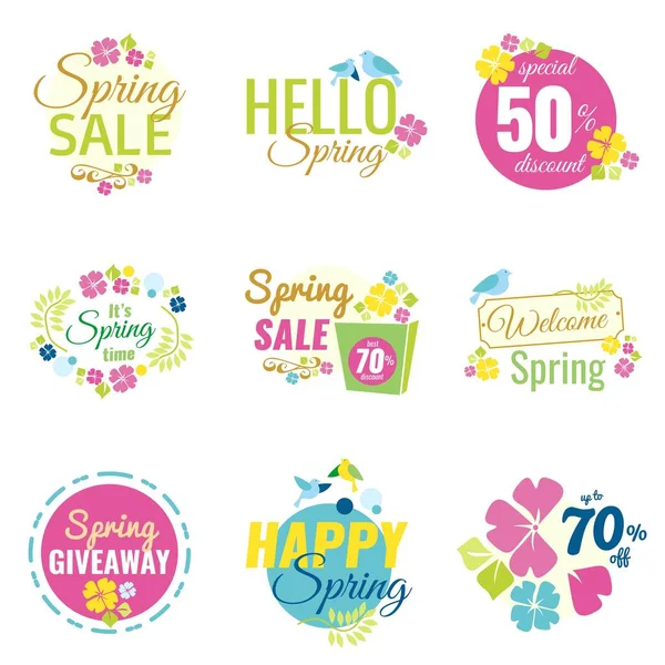 Spring Sale Colorful Design Elements Labels Badges Posters Discounts Vector — Stock Vector