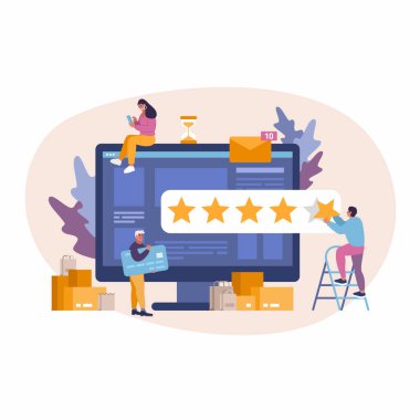 E-ticaret çevrimiçi alışveriş işinin vektör konsepti. Kız eleştiri yazısı bırakıyor. Online mağazanın 5 yıldızlı derecesi. Güvenli ödeme, çevrimiçi mesajlar, stoktaki öğeler.