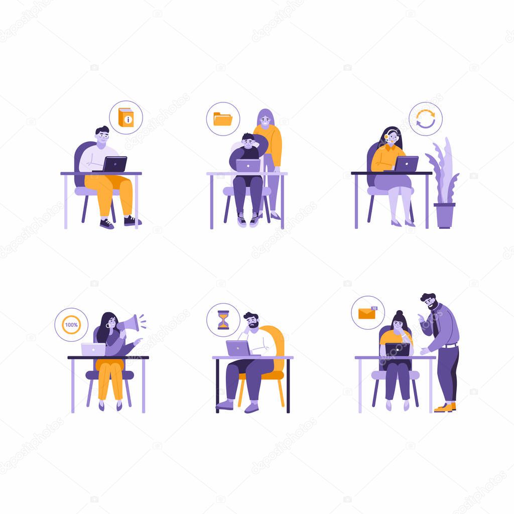Set of vector illustrations of business office people working at the table with laptop. Issues solving, missing files, job is done, unread messages, process at work icons of men and women.