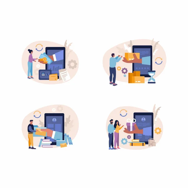 Online shopping ecommerce concept. Set of illustrations of people with devices and hands holding items. Modern illustrations of people purchasing items from store. Flat vector illustration with people — Stok Vektör