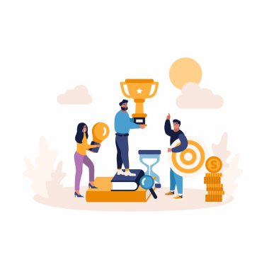 Creative Flat concept of Business people, target, idea. Business marketing promotion concept. Win, achieve, promote, time management, contact, handshake, brainstorming, money earning.