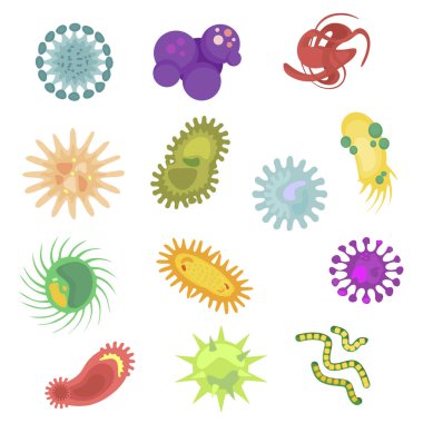 Bakterilerin ve renkli mikropların vektör çizimi. Covid-19 ve Coronavirus. Beyaz arkaplanda izole edilmiş vektör düz biçim vektör çizimi