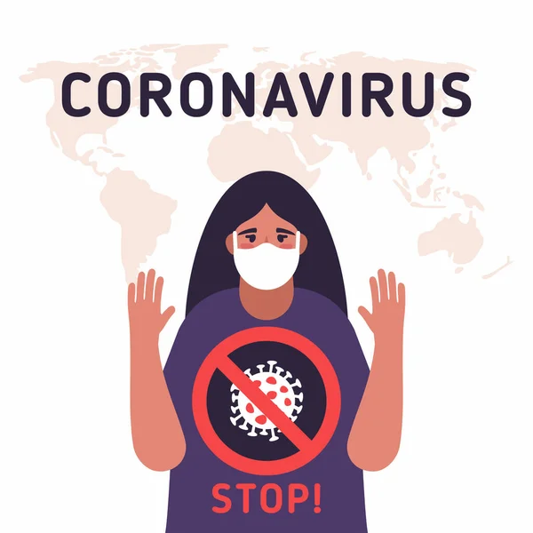 Illustrazione Vettoriale Donna Con Stop Corona Virus 2019 Ncov Shirt — Vettoriale Stock