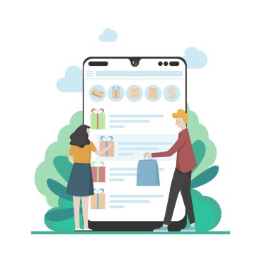 Modern düz tasarım insanlar ve iş kavramı M-ticaret, kullanımı kolay ve son derece özelleştirilebilir. Modern vektör illüstrasyon kavramı, beyaz arka plan üzerinde izole.