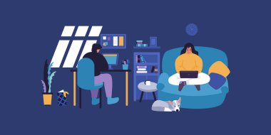 Merkez Daire 'de. Çalışma alanı Freelancer Ailesi. Adam masa başında çalışıyor. Kadın dizüstü bilgisayarla çalışıyor. Bebek yerde oynuyor. İstediğin zaman evde çalışabilirsin. Evde ailemizle kal. İnternet işi