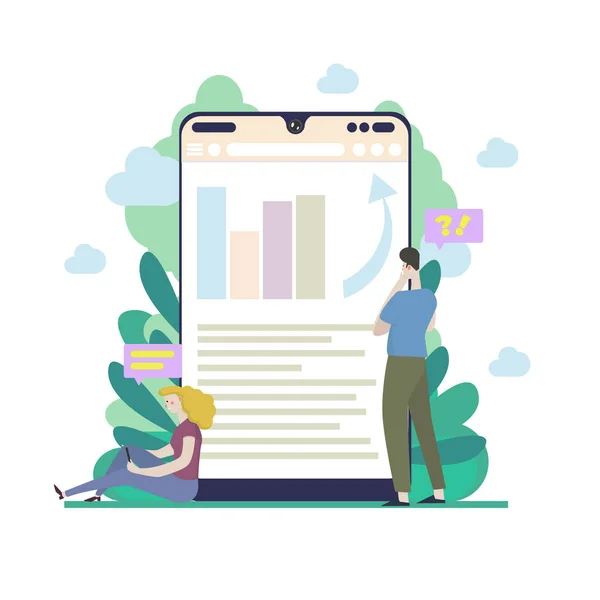 Vector flat illustration people are studying business data. Smartphone screen with a chart analysis. How to promote business online, the takeoff rating of the work, ideas. — Stock Vector