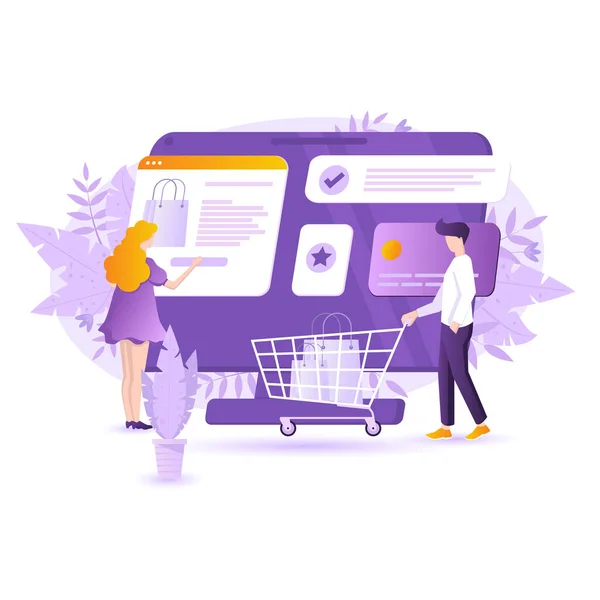 Diseño plano moderno para el concepto de compras en línea. Ilustración vectorial de hombre y mujer de compras en línea - mujer está agregando producto a la cesta en pantalla grande con tienda en línea . — Archivo Imágenes Vectoriales