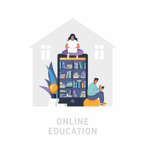Koncepcja Edukacji Online Płaski Wektor Ilustracji Duży Smartfon Jako Półka — Wektor stockowy