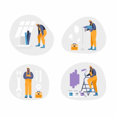 Ev onarımı ya da vektör çizimi. Tamirci, ev dekorasyonu yapıyor. Odada çalışma süreci. Duvarları boyamak, delmek, onarmak için özel aletler ve ekipmanlar