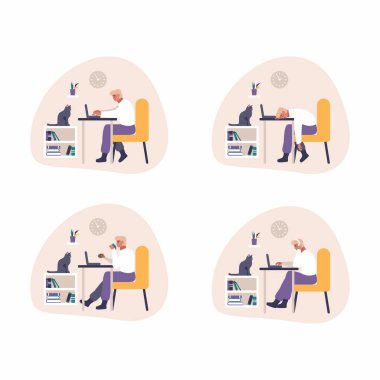 Yorgun ve sıkılmış adam bilgisayarla çalışıyor. Ev masasında bilgisayar kullanarak çalışan ya da ders çalışan yorgun öğrencilerin son derece eğlenceli bir çizimi. Genç adam e-posta okuyor, web sitesi kodluyor, masada uyuyor. Merkez Ofis