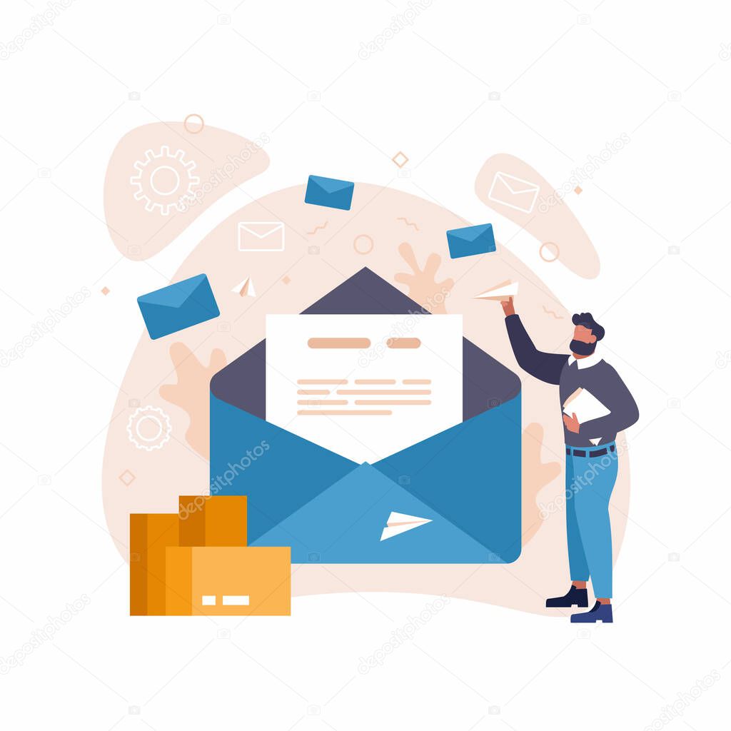 Email marketing, internet advertising concepts. Content concept illustration of young various people using laptop, tablet pc and smartphone to use social networks and websites. Flat illustration.