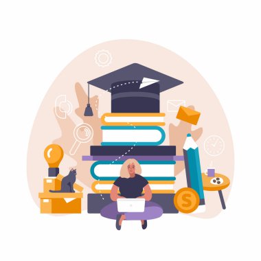 Uzaklık eğitimi ve eğitim için dizüstü bilgisayar ve tablet bilgisayar kullanan bir kadının e-öğrenim konsepti çizimi.