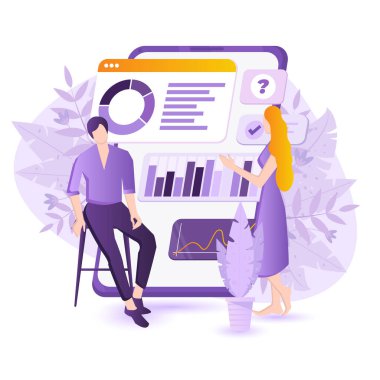 Veri analizi, strateji. Kadın ve erkek büyük akıllı telefonun yakınındaki verilerle çalışıyorlar..