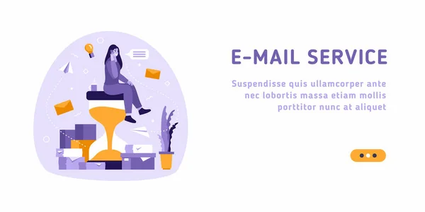 Email εικονογράφηση έννοια υπηρεσία - γυναίκα εργάζεται σε επιστολές και επιτυχημένη εκστρατεία μάρκετινγκ. Εικονογράφηση διανύσματος για slider ιστοσελίδα — Διανυσματικό Αρχείο
