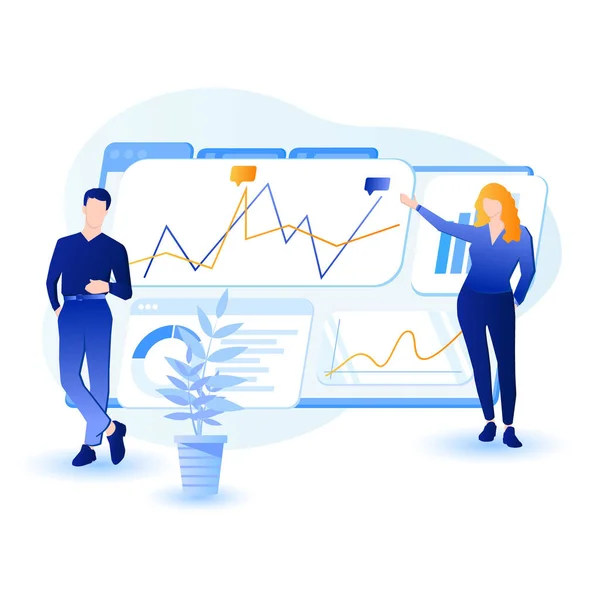 People man and woman discussing sales and trades, boards with diagrams and charts. Vector financial analytics and business statistics, l management