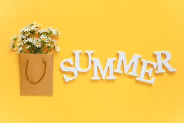 Summer 'a beyaz harf ve papatya çiçeklerinden sarı arka planda el işi paketiyle mesaj at. Tebrik kartı Düz Yatay Kopya Alanı Merhaba yaz mevsimi.