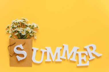 Summer 'a beyaz harf ve papatya çiçeklerinden sarı arka planda el işi paketiyle mesaj at. Tebrik kartı Düz Yatay Kopya Alanı Merhaba yaz mevsimi.