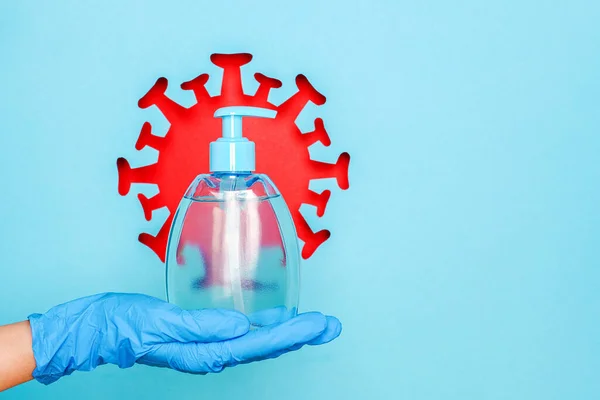 Hand Glove Holds Dispensary Sanitizer Antiseptic Antibacterial Soap Abstract Red — Stock Photo, Image