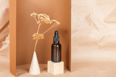 Kahverengi şeffaf cam şişede serum, tahta küpte pipet, koni ve kahverengi bej kağıtta kurutulmuş çiçekler. Doğal Organik Spa Kozmetik Konsepti. Ön görünüm Boşluğu Kopyala.