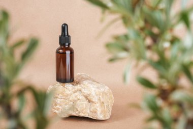 Serum, temel yağlar ya da kahverengi cam şişedeki sıvı kolajen taşın üstünde ve yeşil yaprakların çerçevesi, bej el işi kağıt arka plan. Doğal Organik Spa Güzellik Konsepti. Ön görünüm.
