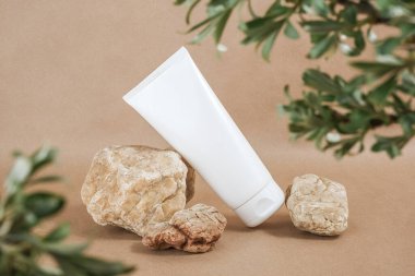 Taşın üzerinde beyaz, boş kozmetik şişe tüpü. Dalların yeşil yapraklarıyla çerçevelenmiş, bej arka plan. Doğal Organik Spa Güzellik Konsepti. Ön görünüm Uygula.