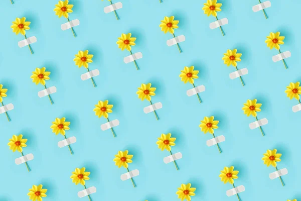 Blomstermönster Färsk Naturlig Gul Blomma Limmad Med Självhäftande Gips Blå — Stockfoto