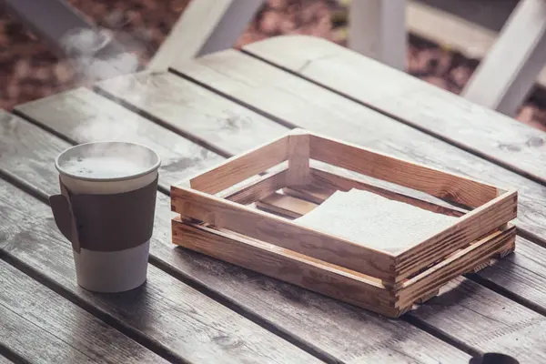 Single Paper Takeaway Cup Coffee Hot Vapor Wood Table Box — Stock Photo, Image