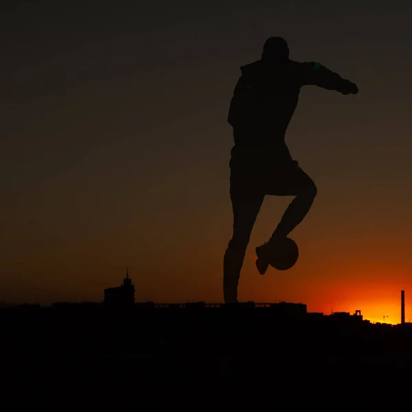 One Man Soccer Player Playing Ball Sunset Silhouette — Stock Photo, Image