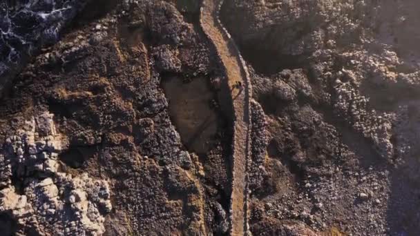 Top View Of Man Walking On Narrow Road At Seashore At Sunset Difficult Path Decision Concept Holiday Tourism Island Europe Seaside — 비디오