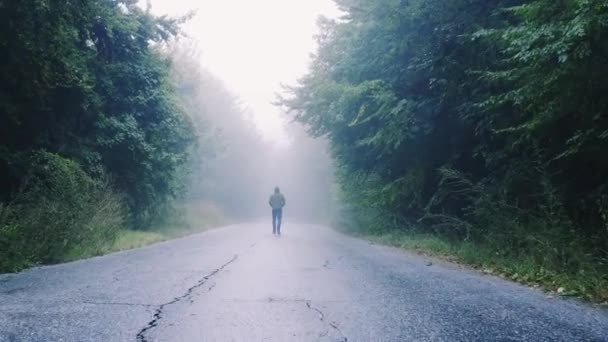 Silhuett av Sad Man Walking Toward Ljuset vid skymningen ensamhet Life Journey Slow Motion Drone — Stockvideo