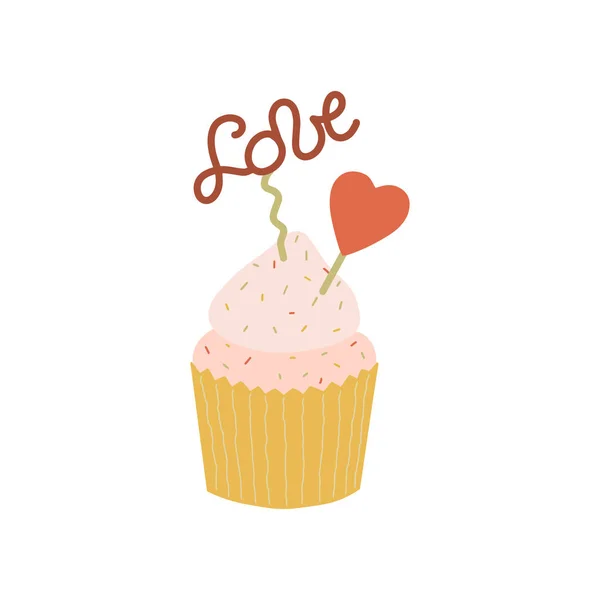 Cupcake se srdcem a nápisem Love on top. — Stockový vektor
