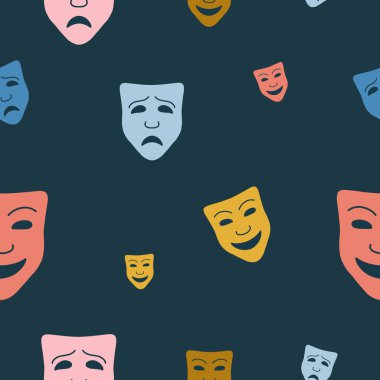 Kusursuz desen, komedi ve dramdan oluşan bir maske. Tebrik kartı. Tatil - Dünya Tiyatro Günü
