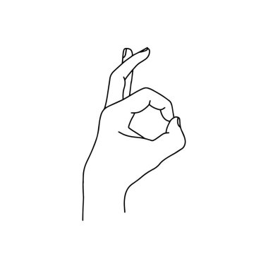 Doğrusal el çizimi tamam işareti gösteriyor. Yoga mudra - Gyan. Stok vektör illüstrasyonu.