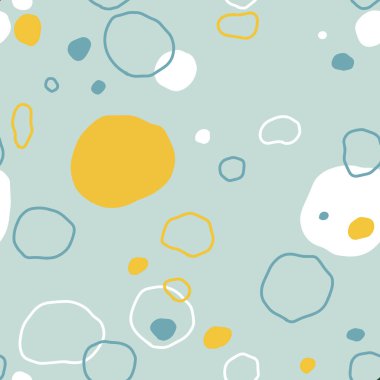 Renkli, soyut, pürüzsüz desen. Sarı, gök mavisi, beyaz yeşil noktalar tekrarlanıyor..