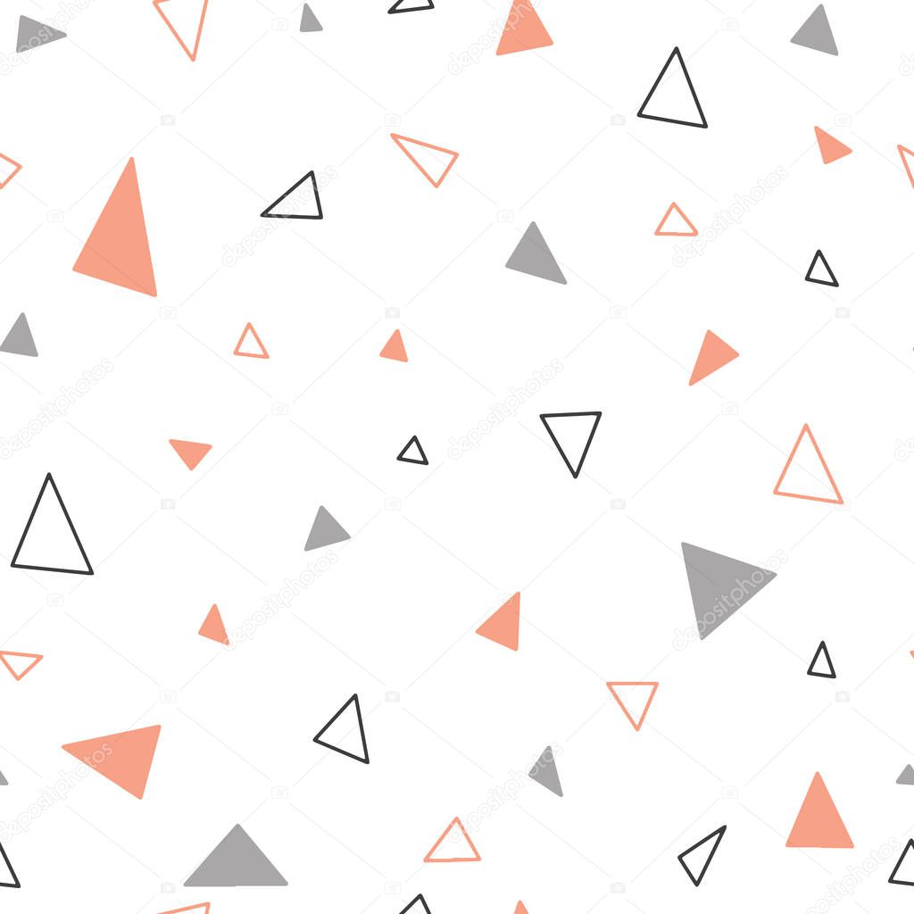Seamless pattern of various triangles. Pink, gray, black on white background.