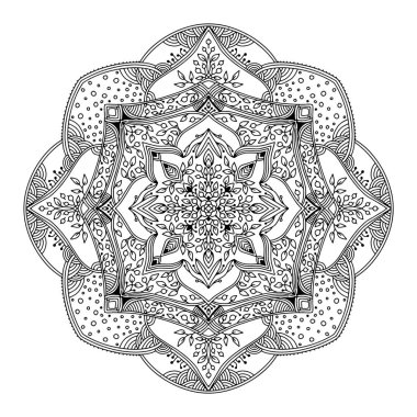 Soyut Mandala. Yetişkin boyama kitabı için siyah beyaz desen. Klasik dekoratif elementler. Doğulu desen, vektör illüstrasyonu.