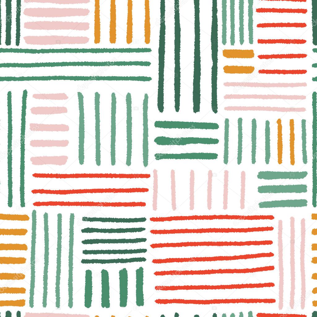 Hand drawn dashes seamless pattern. Dashes consist of squares and rectangles in the composition. Green, pink, yellow, red and white colors. Perfect for fabric, cards, invitations or textile.