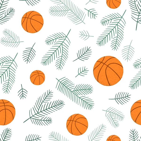 Fondo Sin Costuras Navidad Con Pelotas Baloncesto Chales Abeto Dominan — Vector de stock