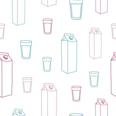 El çizimi doğrusal süt paketi, bir bardak süt ve dikişsiz yazı deseni. 1 Haziran Dünya Süt Günü konulu vektör hisse senedi illüstrasyonu.