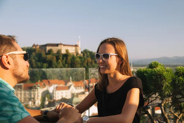 Lovers with european red roofs and castle on the background in Ljubljana, Slovenia — Stock Photo, Image