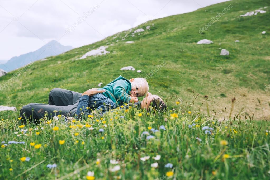 Family on a trekking day in the mountains. 