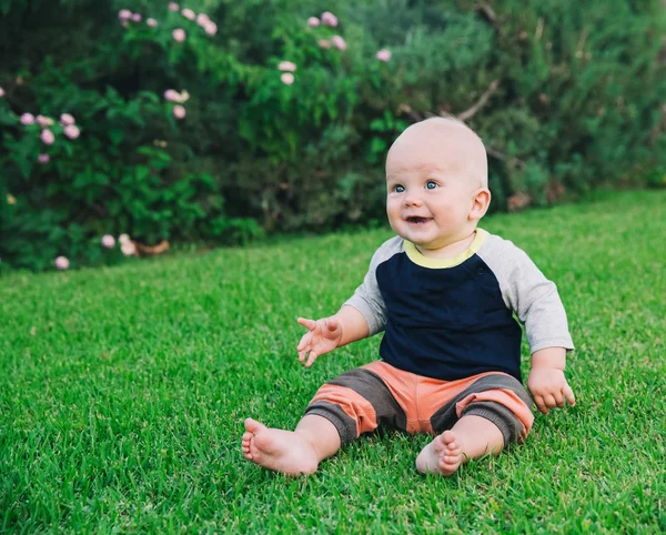 Ευτυχισμένος αξιολάτρευτο μωρό αγόρι κάθεται στο γρασίδι — Φωτογραφία Αρχείου