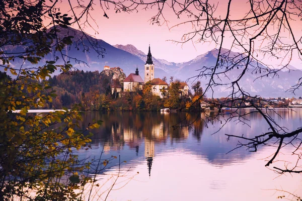 Úžasné Bledské jezero na západ slunce, Slovinsko, Evropa — Stock fotografie