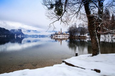 Kış, Bled, Slovenya, Avrupa'nın Lake Bled.