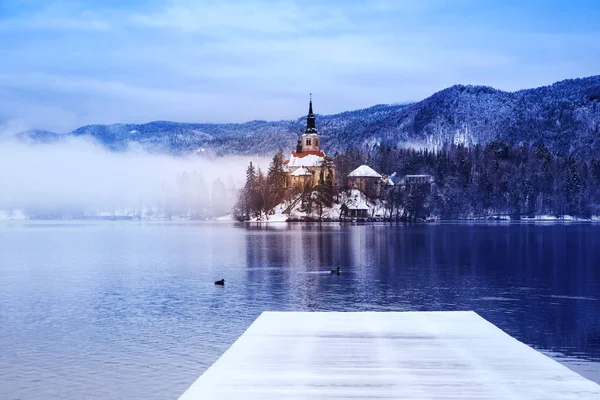 Bledsjön i vinter, Bled, Slovenien, Europa. — Stockfoto