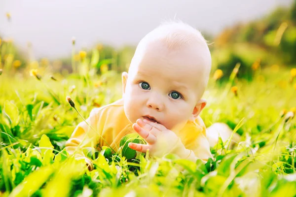 Niño feliz acostado en la hierba en el día de verano . — Foto de Stock