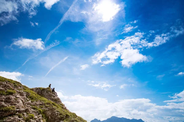 Couple of travelers on top of a mountain. Mangart, Julian Alps, — Stock Photo, Image