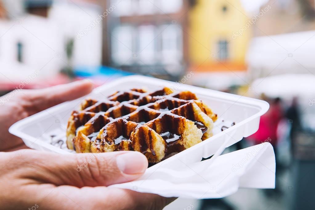 Traditional Belgian dessert, pastry - Belgium tasty waffle with 