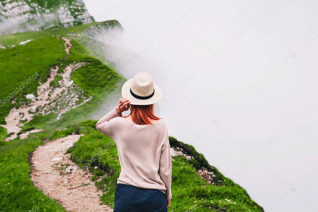 Traveler or hiker in the mountains in the National Park Triglav.